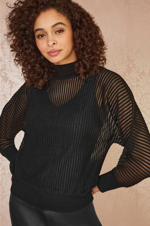 Black Sheer Roll Neck Jumper With Knitted Vest Top